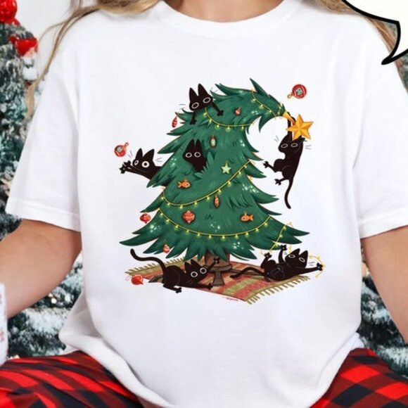 Tops - Christmas Tree And Cat T-Shirt, Cute Christmas Shirt